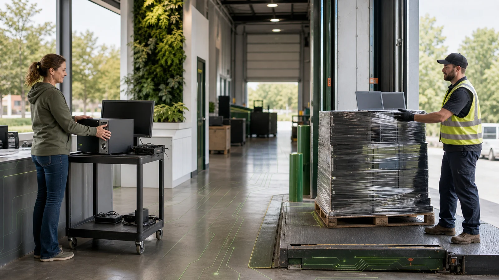 Personal and commercial electronics arriving through separate recycling paths.