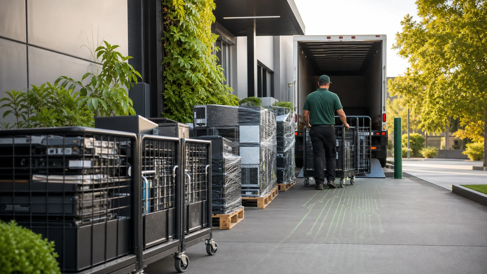 Rolling carts and palletized business electronics moving toward a pickup truck.
