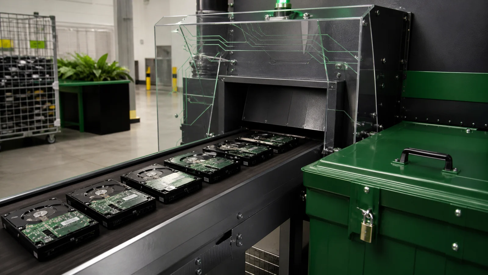 Retired hard drives moving toward the guarded intake of an enclosed shredder.