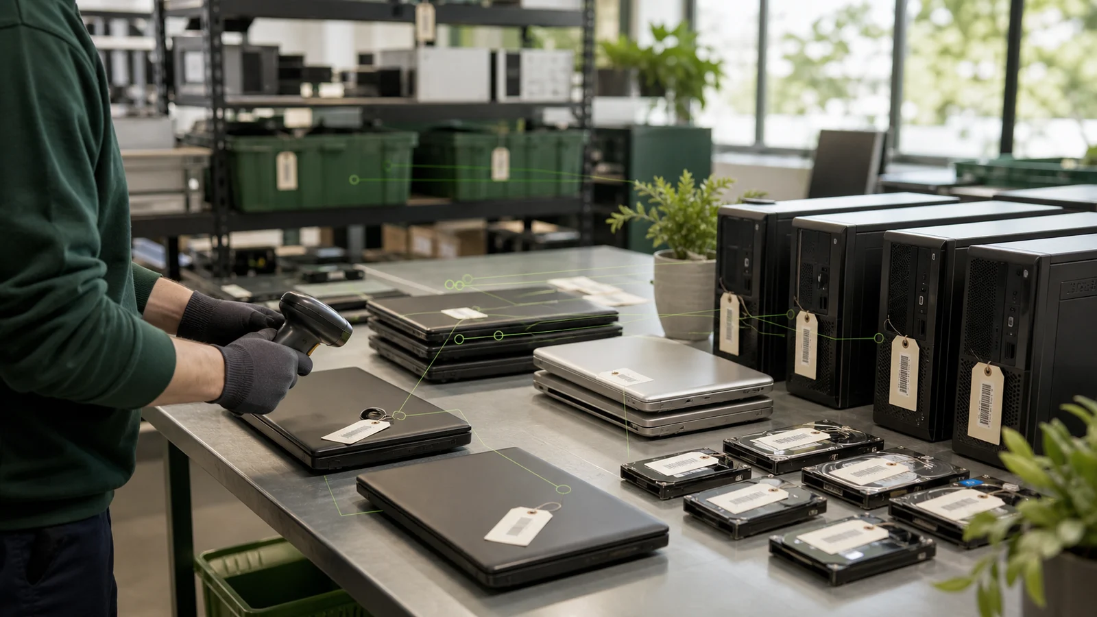 Tagged computers and storage drives arranged for asset inventory.