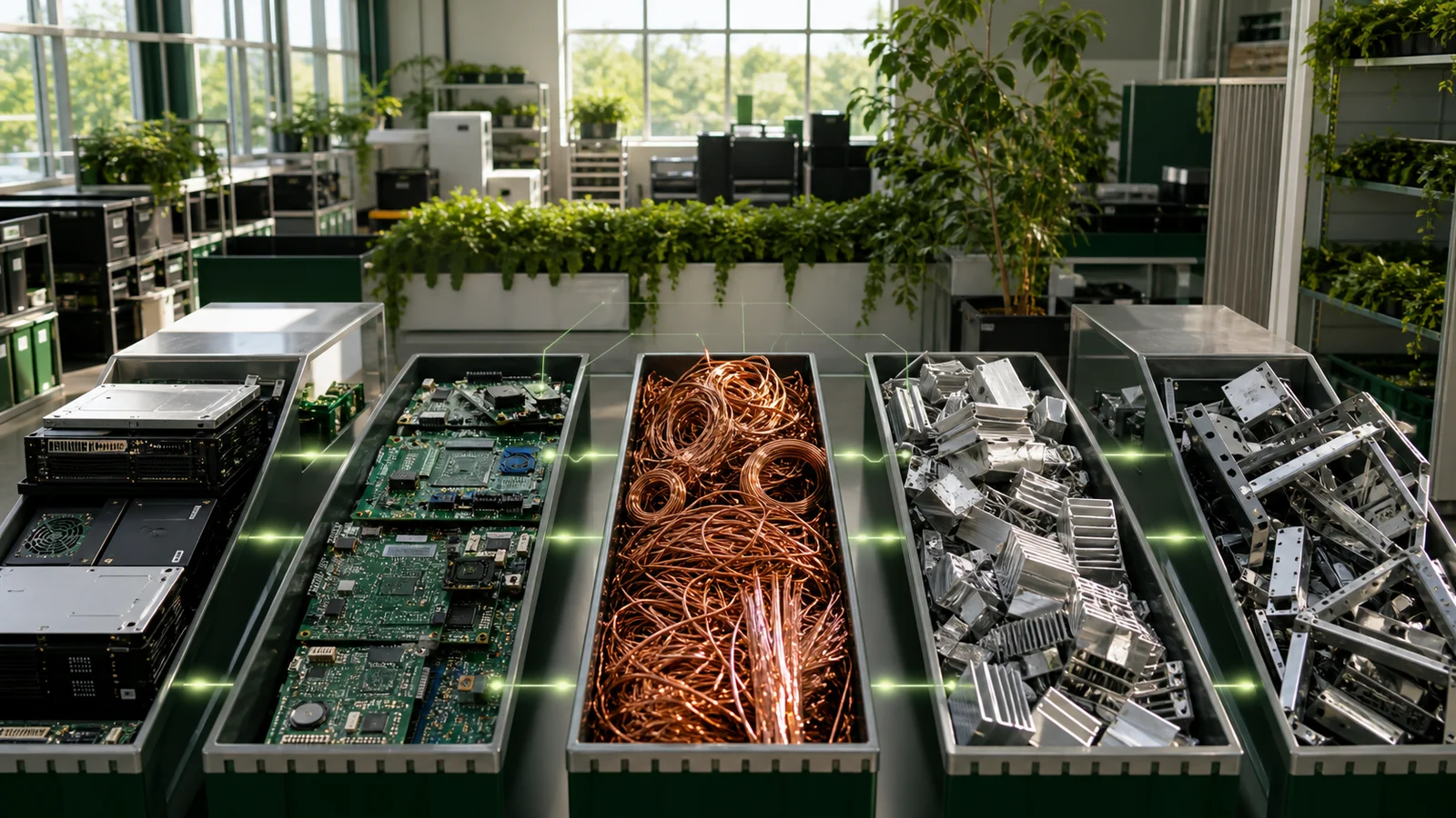Reusable components and recovered electronics materials sorted into separate streams.
