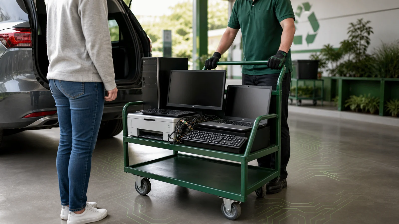 Common household electronics organized for drop-off.